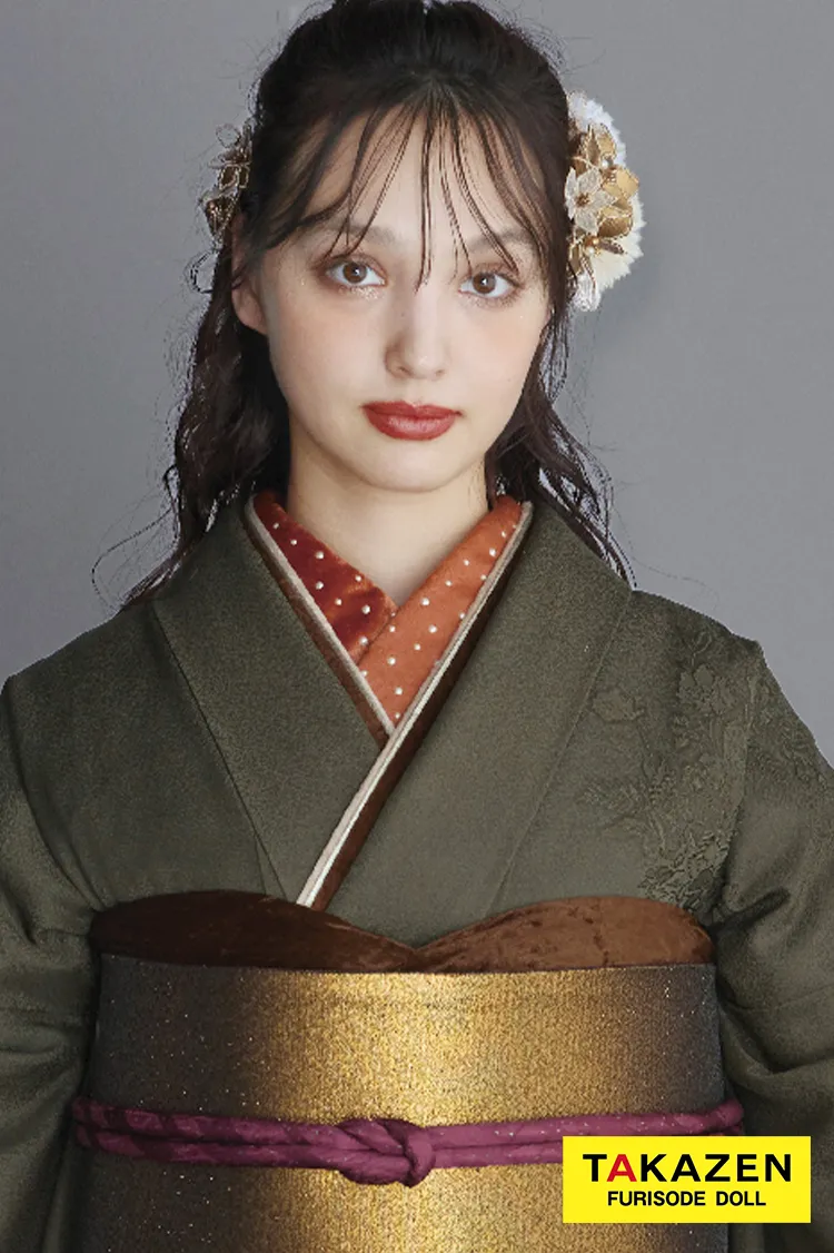 ヴィンテージスタイル　緑/グリーン　無地　シック　かっこいい　粋振袖　レトロ　ブーツコーデ振袖ネットレンタル　24036