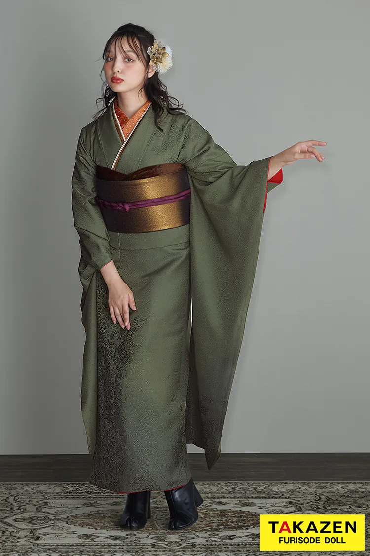 ヴィンテージスタイル　緑/グリーン　無地　シック　かっこいい　粋振袖　レトロ　ブーツコーデ振袖ネットレンタル　24036