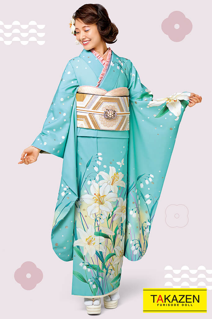 個性的古風レトロ振袖 シンプルユリ柄 白 ブルー 水色 235 全国対応 振袖通販レンタルならフリソデドール By Takazen 成人式 振り袖 卒業式袴レンタルno 1