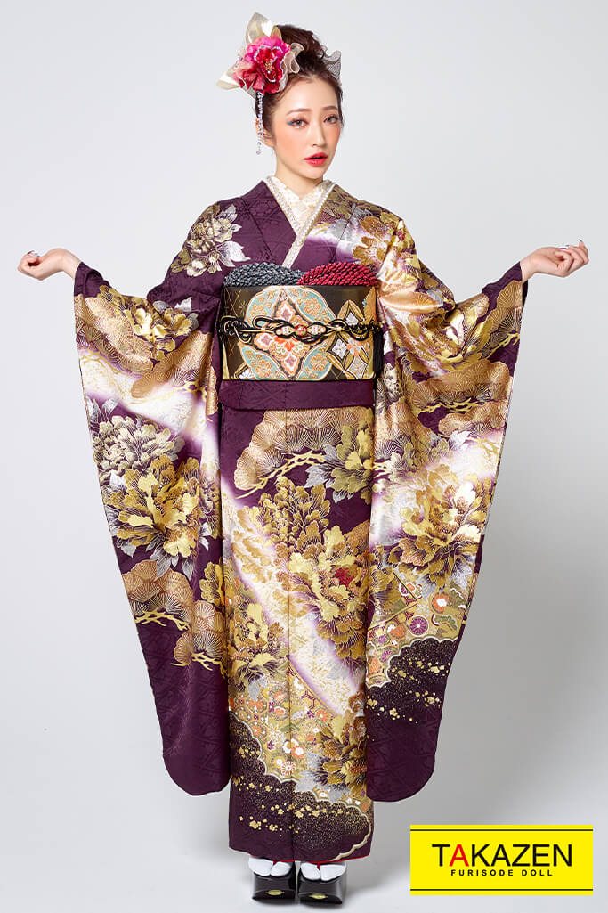 渋くてカッコイイ極妻風ジャパンモード かっこいいボタン柄 振袖ネットレンタル 茶 ゴールド 金色 244 全国対応 振袖通販レンタルならfurisode Doll フリソデドール By Takazen 成人式振り袖 卒業式袴レンタルno 1
