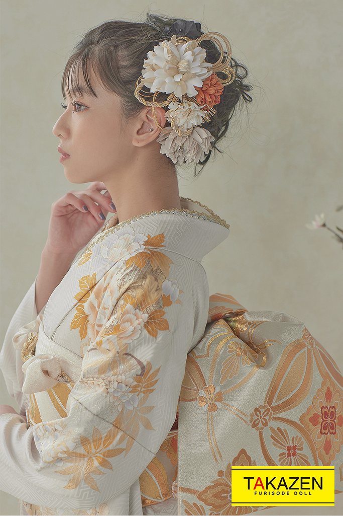 正統派古典　グレー/ゴールド(金色)/ニュアンスカラー　菊柄　ヴィンテージスタイル振袖ネットレンタル　金彩刺繍京友禅　23027