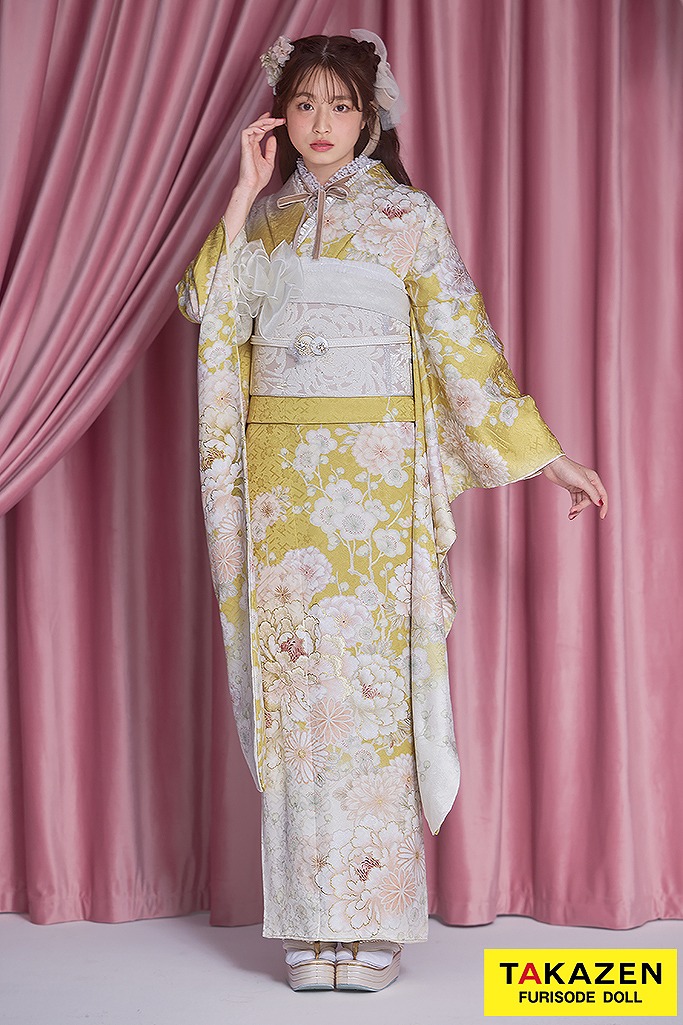 最新作くすみカラーガーリー　黄色/ビタミンカラー/淡い色　牡丹柄　かわいい　レース小物コーデ　トレンド振袖　葛西杏也菜　26059
