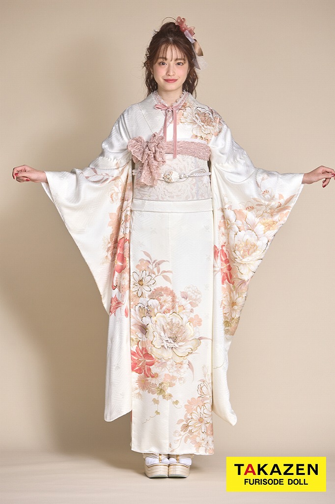 最新作くすみカラーガーリー　白/サーモンピンク/　百合柄　かわいい　すっきり　シンプル　フェミニンな振袖　リボン小物コーデ　葛西杏也菜　26060