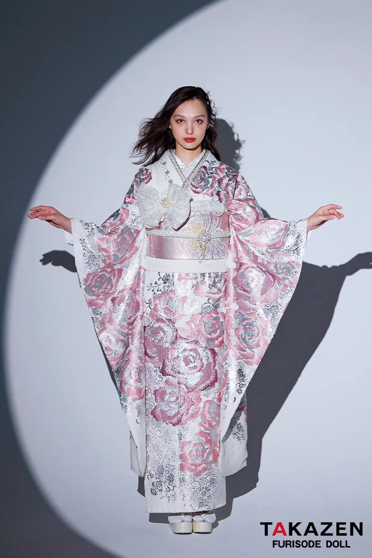 最新作モード　白ピンク　バラ柄　一番目立つ　派手かわいい　姫ギャル　キラキラスワロフスキー付き　フリソデドールネットレンタル　香川るな　27069