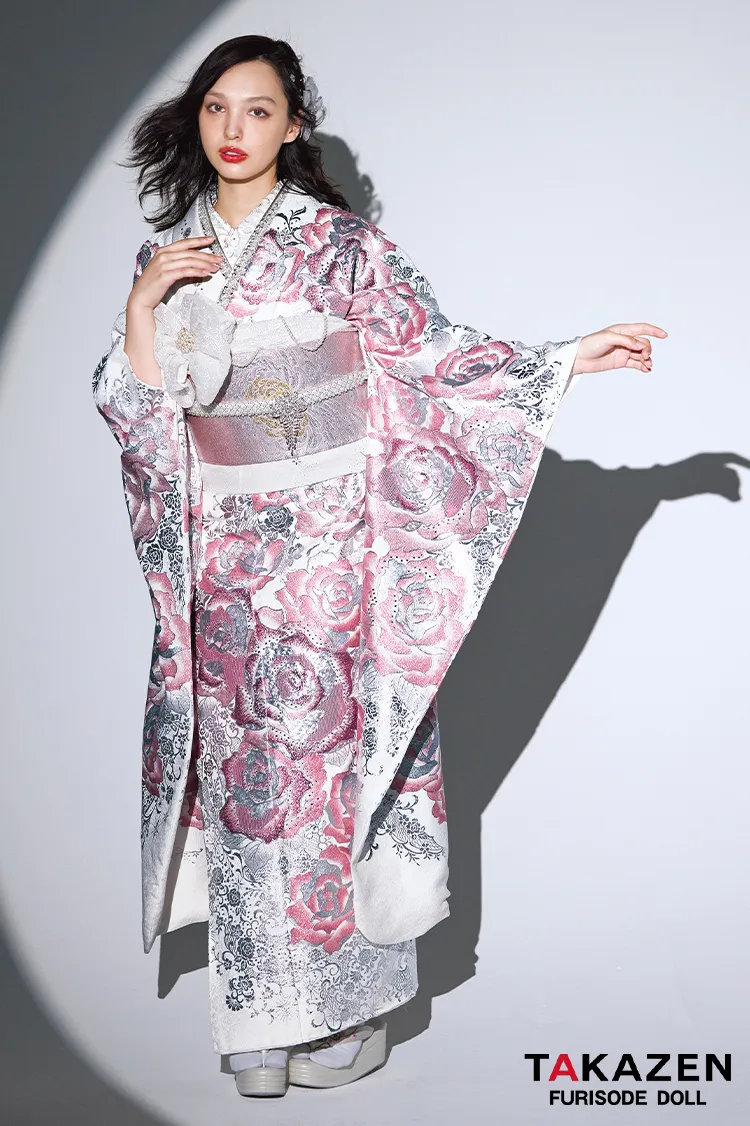 最新作モード　白ピンク　バラ柄　一番目立つ　派手かわいい　姫ギャル　キラキラスワロフスキー付き　フリソデドールネットレンタル　香川るな　27069
