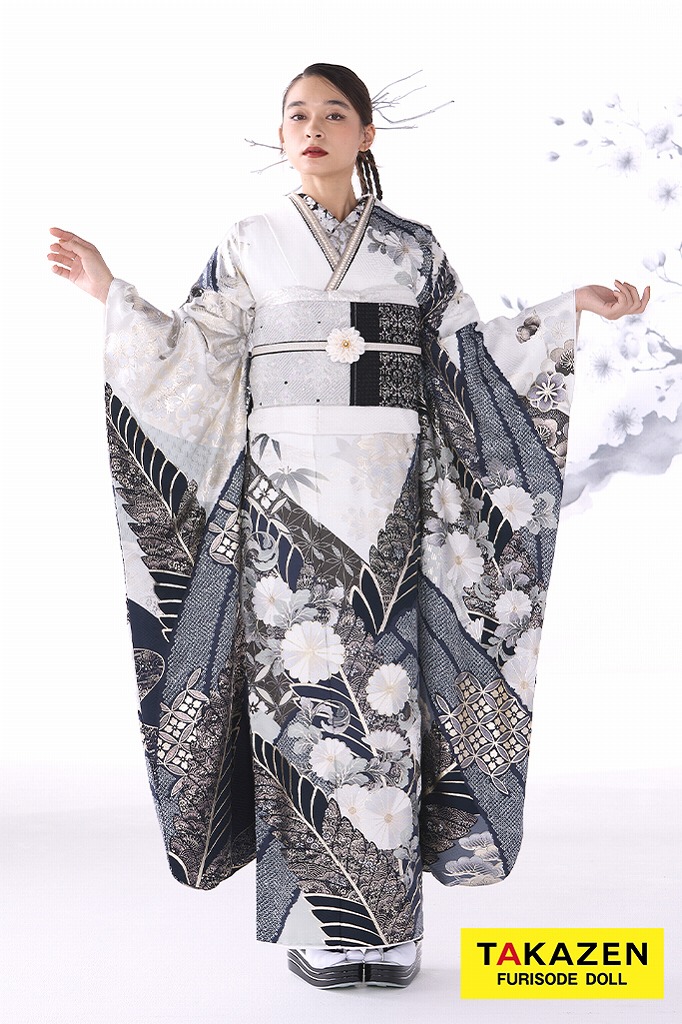 最新作粋古典　白/グレー 　菊柄　スタイリッシュ　シック　かっこいい　大人っぽい　弓ライカ　26070