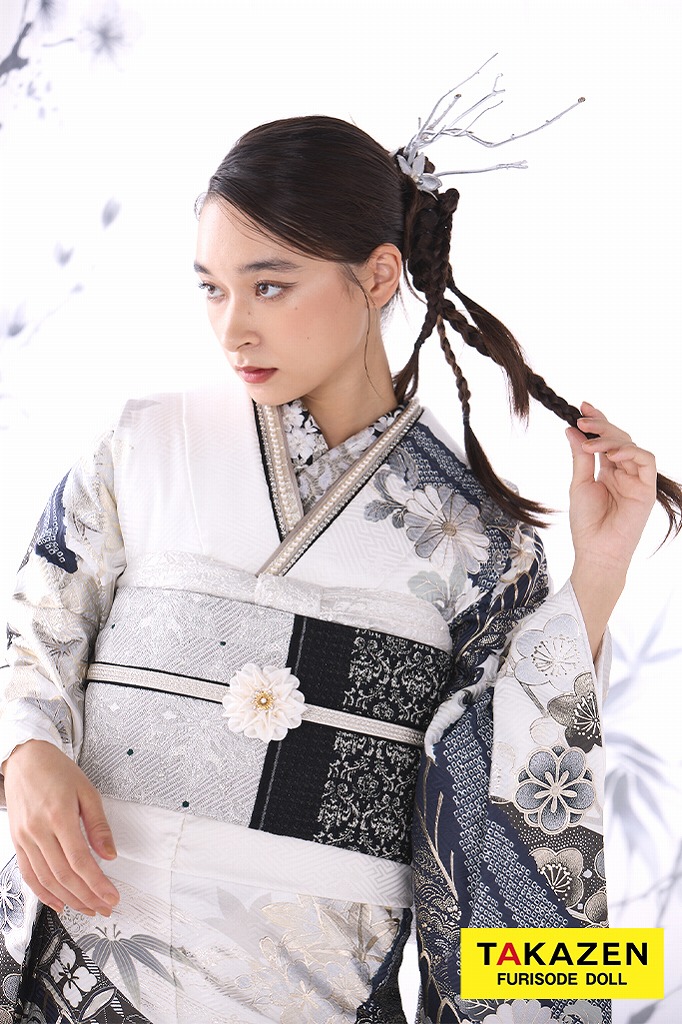 最新作粋古典　白/グレー 　菊柄　スタイリッシュ　シック　かっこいい　大人っぽい　弓ライカ　26070