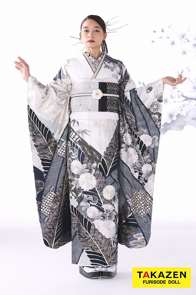 最新作粋古典　白/グレー 　菊柄　スタイリッシュ　シック　かっこいい　大人っぽい　弓ライカ　26070
