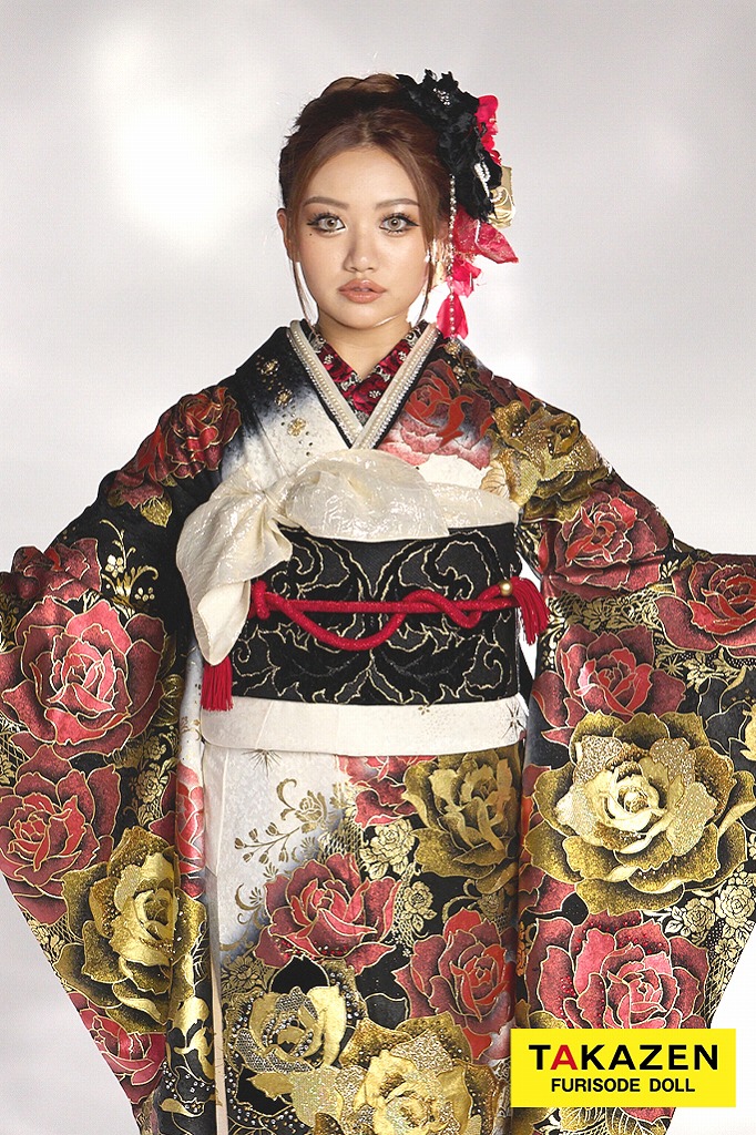 モード系　赤/黒/ゴールド(金色)　薔薇柄　ゴージャス　派手　華やか　ギャル振袖　豪華　キラキラスワロフスキー付き　セクシー　中村りおん　21049