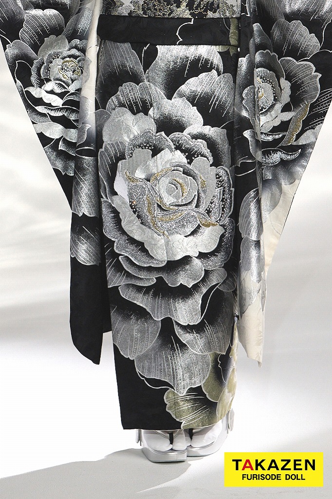 クール系　黒/シルバー(銀色)　薔薇柄　一番人気　派手　目立つ　かっこいい振袖　クール　キラキラスワロフスキー付き　ギャル　香川るな　32105