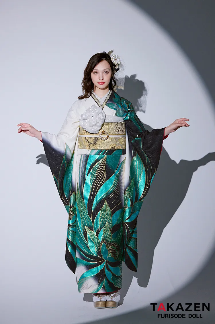 モード 緑/白/黒 牡丹柄/大柄 派手 ギャル系振袖 目立つ かっこいい