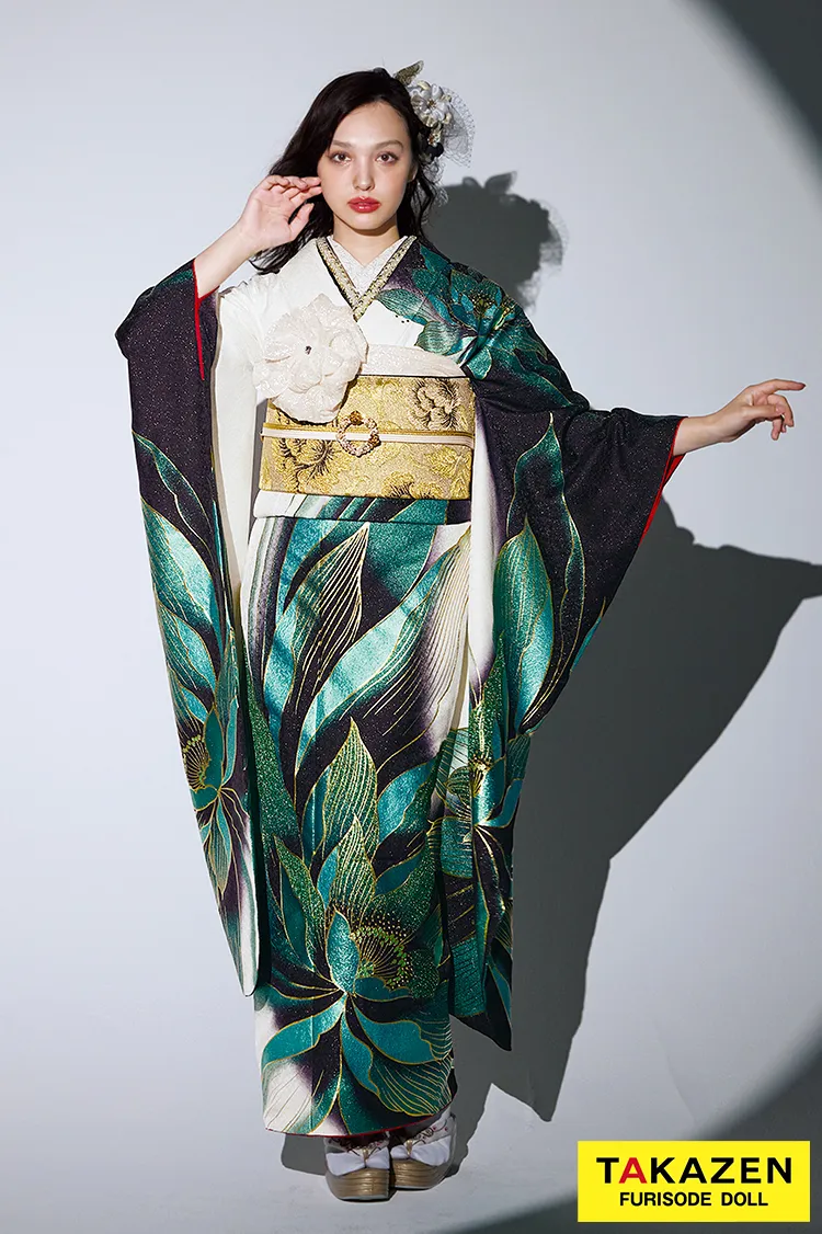 モード　緑/白/黒　牡丹柄/大柄　派手　ギャル系振袖　目立つ　かっこいい　キラキラグリッター　人とかぶらない　ゴージャス振袖ネットレンタル　香川るな　24067