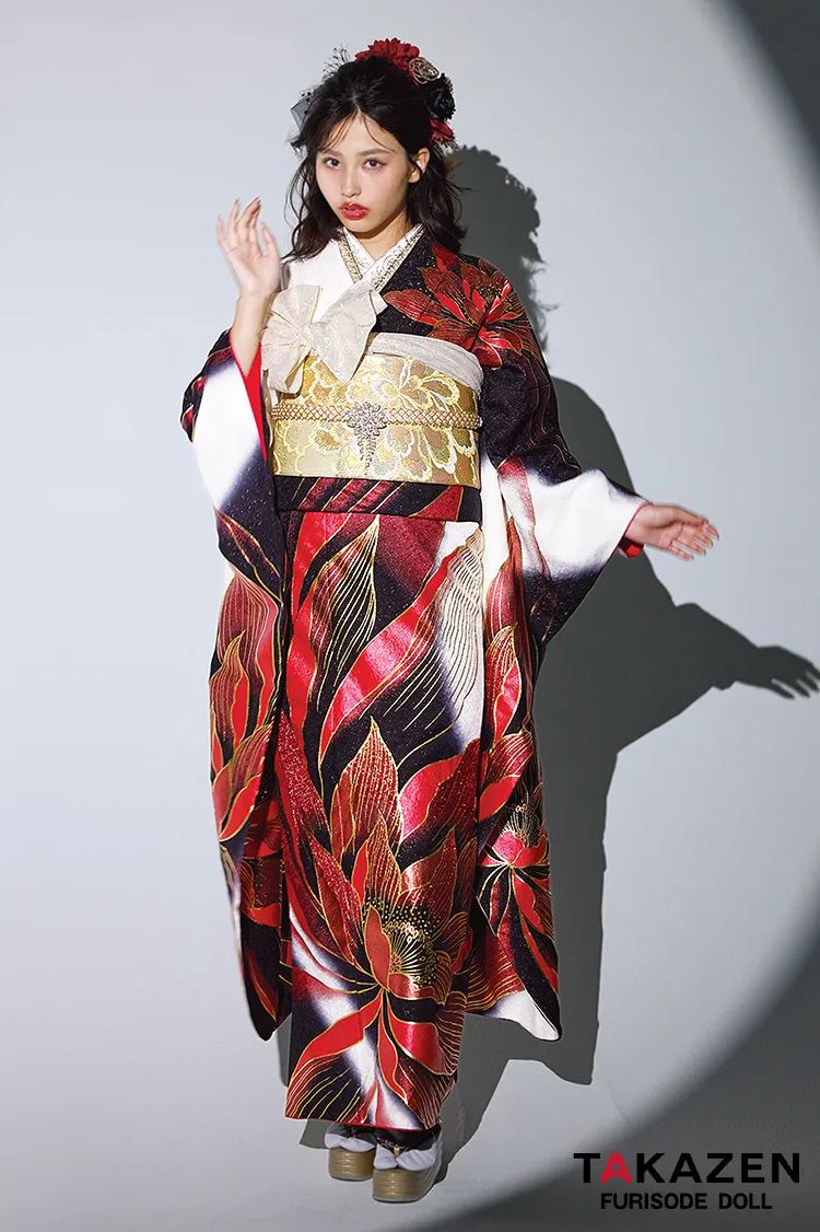 モード　赤/黒/白　大柄/牡丹柄　目立つ　グラマラス　ギャル振袖　派手　グラマラス　グリッター　ゴージャス振袖ネットレンタル　谷田ラナ　24068