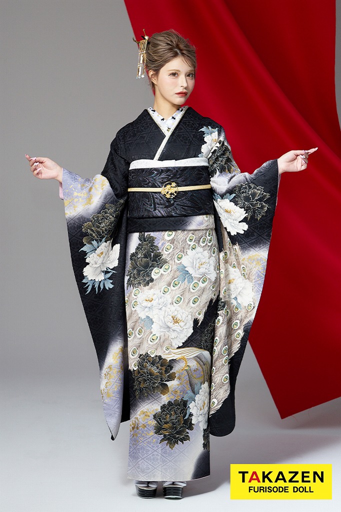 ジャパンモード　黒/グレー　孔雀柄　大人っぽい　かっこいい着こなし振袖　渋い　クール　極妻風　今井アンジェリカ　32147