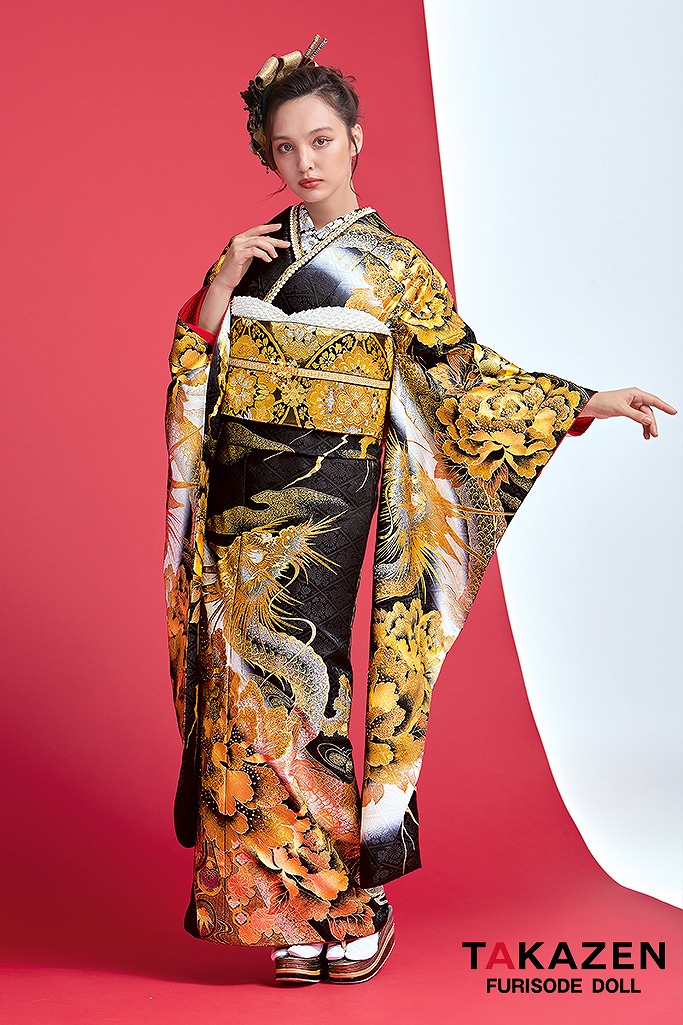 ジャパンモード　黒/金(ゴールド)　本家龍柄　いかつい　派手　渋い　花魁風振袖(進撃のノア様着用)　キラキラスワロフスキー付き　香川るな　32134