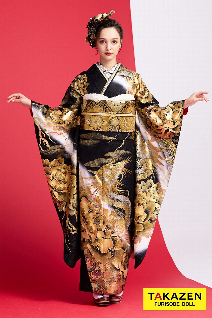 ジャパンモード　黒/金(ゴールド)　本家龍柄　いかつい　派手　渋い　花魁風振袖(進撃のノア様着用)　キラキラスワロフスキー付き　香川るな　32134