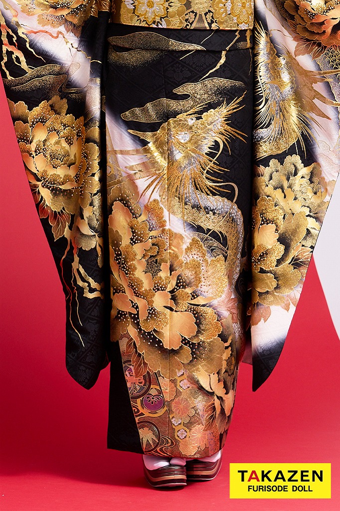 ジャパンモード　黒/金(ゴールド)　本家龍柄　いかつい　派手　渋い　花魁風振袖(進撃のノア様着用)　キラキラスワロフスキー付き　香川るな　32134