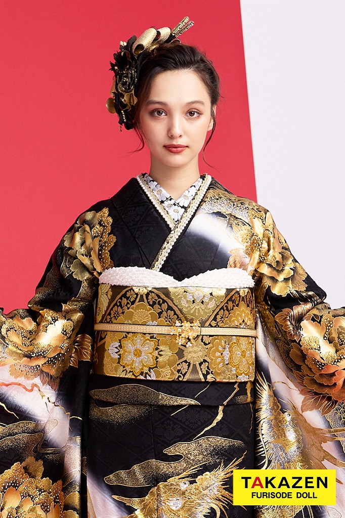 ジャパンモード　黒/金(ゴールド)　本家龍柄　いかつい　派手　渋い　花魁風振袖(進撃のノア様着用)　キラキラスワロフスキー付き　香川るな　32134