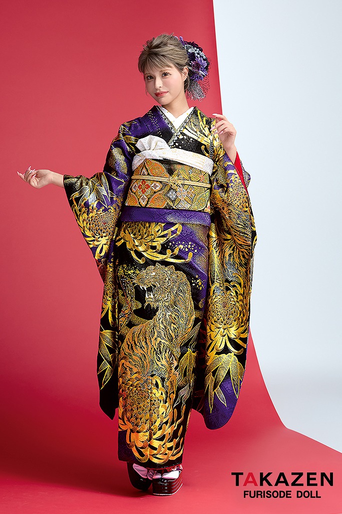 ジャパンモード　紫/ゴールド(金色)　本家虎柄　一番目立つ　ギャル振袖　ド派手　渋い　キラキラスワロフスキー付き　花魁風　今井アンジェリカ　22040