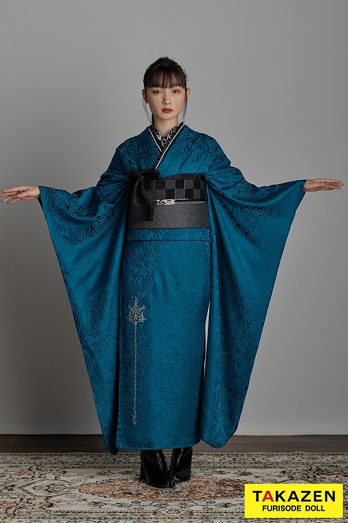 ヴィンテージスタイル　ターコイズブルー/青　柄すくなめ/ワンポイント刺繍　シンプル　大人っぽい　ブーツスタイル　新野尾七奈　25032