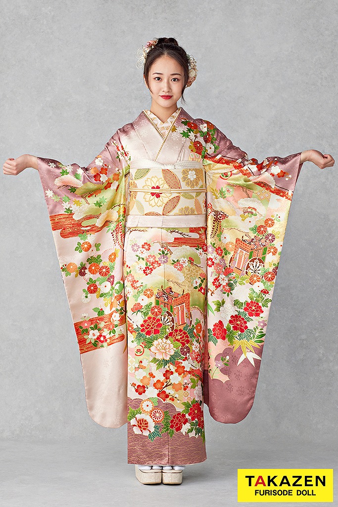 最高級古典柄振袖　吉澤織物/文楽/人間国宝吉田簑助　白/ピンクベージュ/くすみ色　御所車柄　華やか　上品振袖　天翔愛　25041