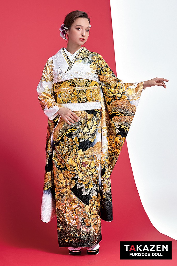 ジャパンモード　白/黒/金(ゴールド)　牡丹柄　花魁風　渋い　レディース　派手振袖　いかつい　目立つ　大人っぽい　クール　キラキラ　香川るな　31115