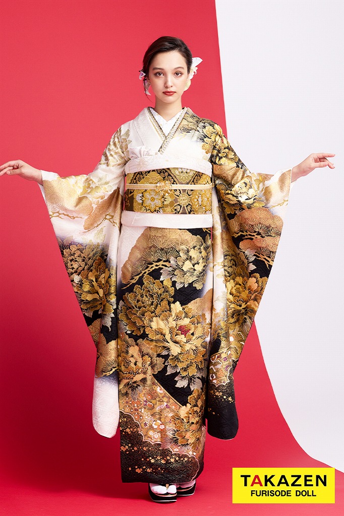ジャパンモード　白/黒/金(ゴールド)　牡丹柄　花魁風　渋い　レディース　派手振袖　いかつい　目立つ　大人っぽい　クール　キラキラ　香川るな　31115