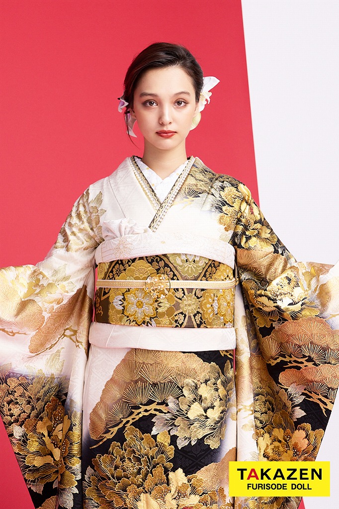 ジャパンモード　白/黒/金(ゴールド)　牡丹柄　花魁風　渋い　レディース　派手振袖　いかつい　目立つ　大人っぽい　クール　キラキラ　香川るな　31115