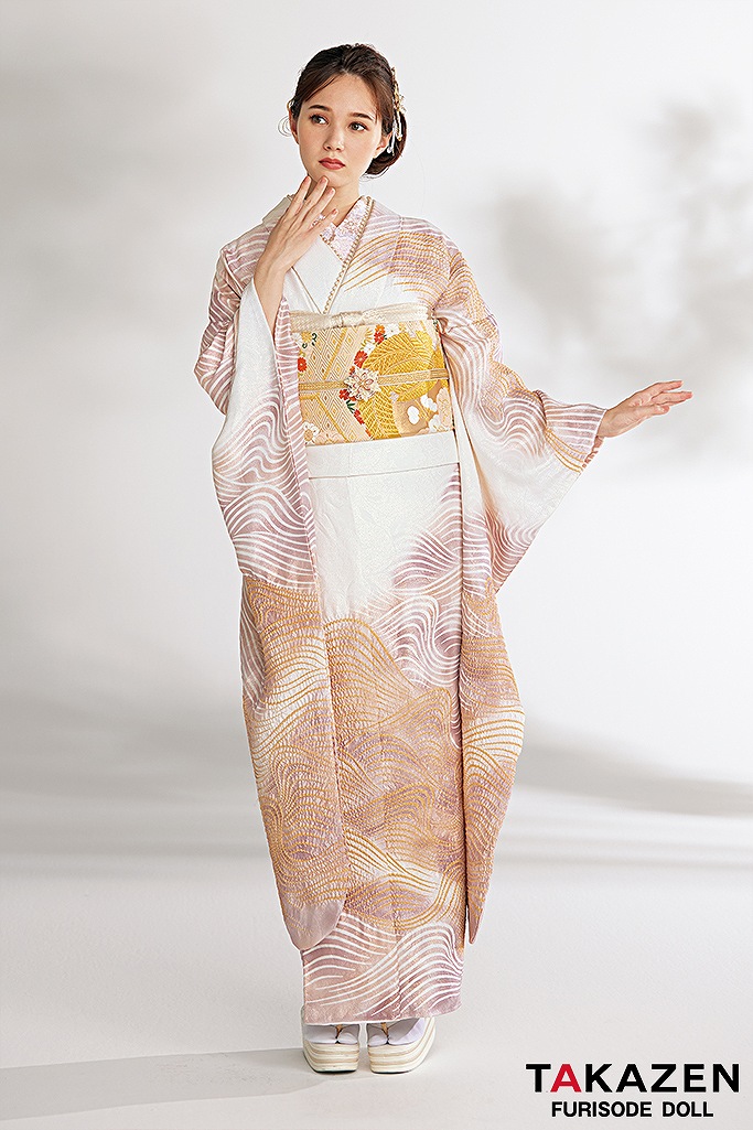 プレミアム古典　白ピンク　波模様　シンプル　大人っぽい　絞り振袖ネットレンタル　最高級金彩刺繍絞り友禅　綺麗　24041