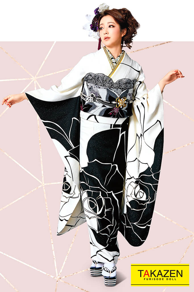 成人式人気振袖 着物 通販レンタル 流行りシンプルクール系 すっきり柄 黒 白 全国対応 振袖レンタルならフリソデドール 成人式振り袖 卒業式袴レンタルno 1