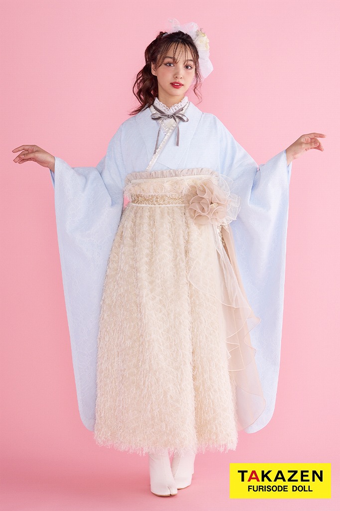 フレンチガーリー　水色/アイスブルー　ドレス袴　おしゃれ　洋風　ドレッシー　くすみ　リボンアレンジ　ブーツコーデ　香川るな　R26007