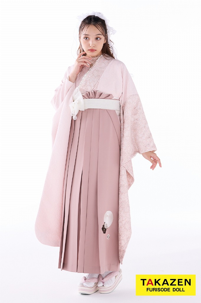 くすみカラーガーリー　ピンク/淡い色　レース　ジャガード生地　かわいい　フレンチガーリー　お洒落袴ネットレンタル　ブーツコーデ　香川るな　R26009