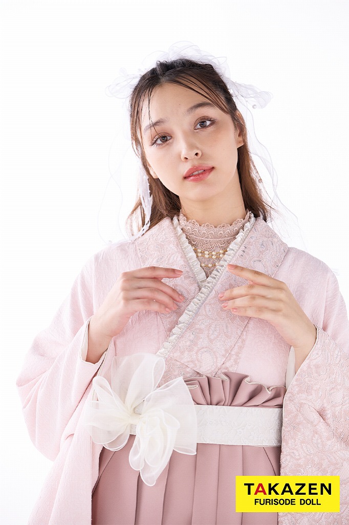 くすみカラーガーリー　ピンク/淡い色　レース　ジャガード生地　かわいい　フレンチガーリー　お洒落袴ネットレンタル　ブーツコーデ　香川るな　R26009