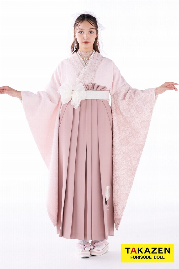 くすみカラーガーリー　ピンク/淡い色　レース　ジャガード生地　かわいい　フレンチガーリー　お洒落袴ネットレンタル　ブーツコーデ　香川るな　R26009