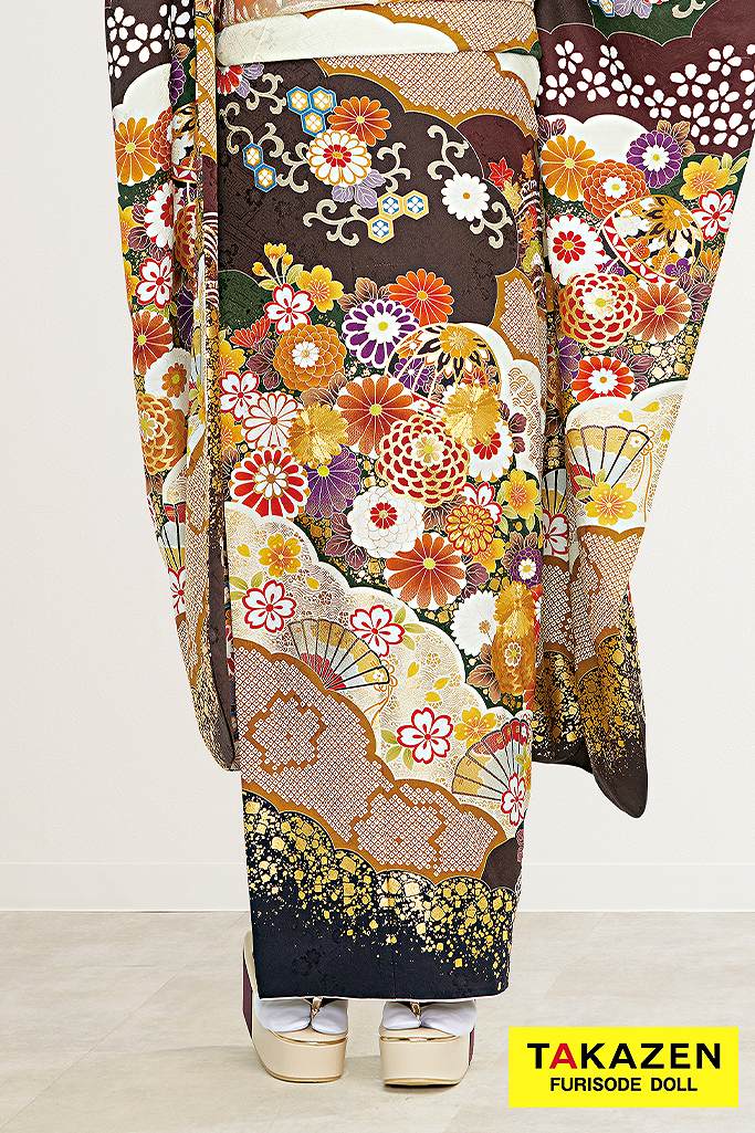 正統派古典　茶色/金/ゴールド　毬柄　オシャレ　トレンド振袖　大人っぽい　華やか　弓ライカ　22019