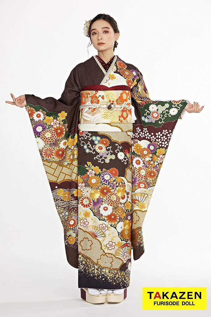 正統派古典　茶色/金/ゴールド　毬柄　オシャレ　トレンド振袖　大人っぽい　華やか　弓ライカ　22019