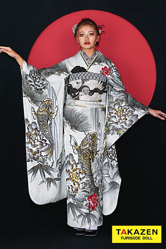 高級ジャパンモード　白/黒/金箔　鯉柄/水墨画　渋い　人と被らない振袖　クール　いかつい　大人っぽい振袖　中村りおん　25086