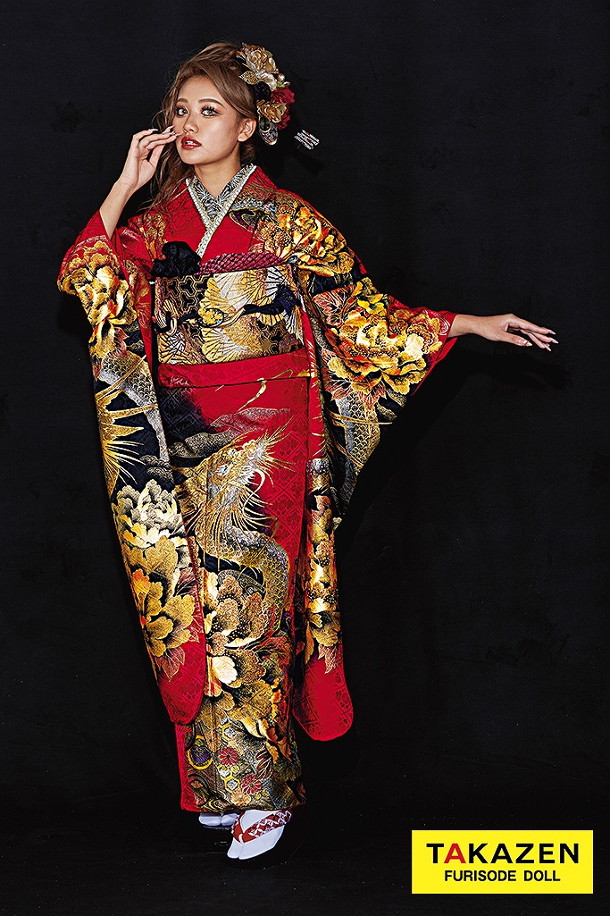 ジャパンモード　赤/黒/ゴールド(金色)　本家龍柄　派手　渋い振袖　かっこいい　ギャル　いかつい　スワロフスキー付き　中村りおん　21046