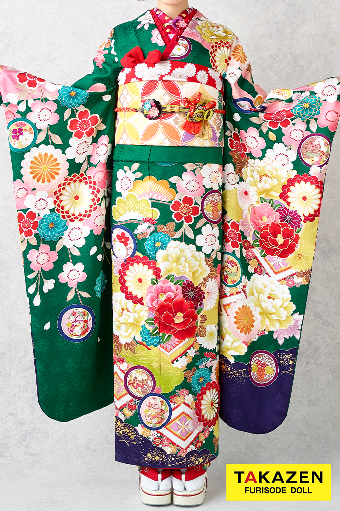 正統派古典　赤/グリーン(緑色)　菊柄/牡丹柄/現代柄　上品　かわいい古典振袖ネットレンタル　ポップ　22016