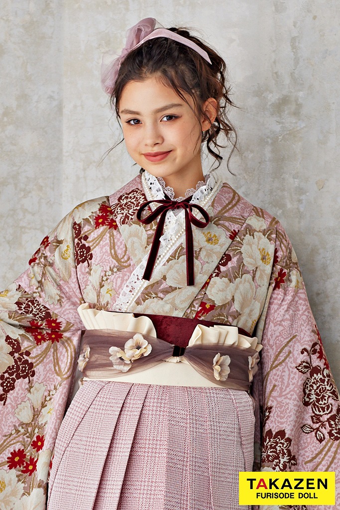 くすみカラーレトロ　ピンク/ダスティーカラー　総レース　かわいい　ガーリー　アンティーク調袴ネットレンタル　ブーツコーデ　ブリッジマン遊七　R25004