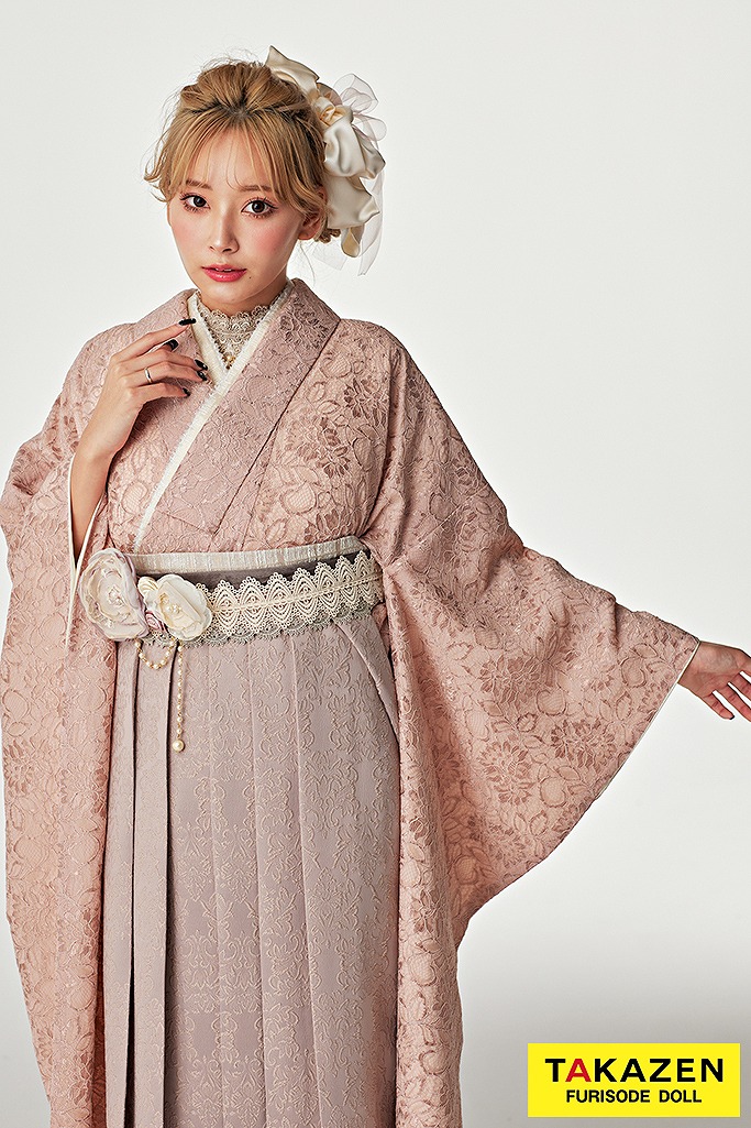 くすみカラーガーリー　ピンク/淡い色　総レース　かわいい　フレンチガーリー　お洒落袴ネットレンタル　ブーツコーデ　ぴょな　R25003