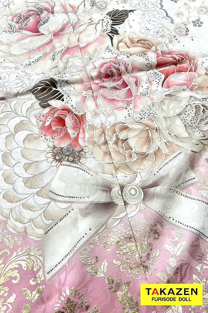 最新作ヘップバーンコスメカラー　白/ピンク　薔薇柄　かわいい　スワロフスキー/パール付き　ガーリー　キルティング帯　香音　おしゃれ振袖ネットレンタル26001