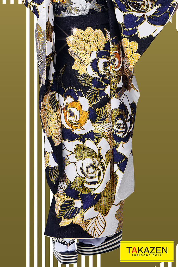 大人気シンプルカッコイイ系振袖ネットレンタル(目立つバラ柄)　黒/ゴールド(金色)　#F0091