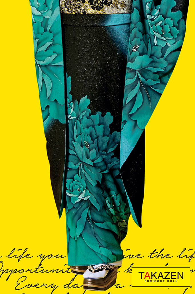 成人式人気振袖 着物 通販レンタル シンプルかっこいい系 シンプル流行りクール 黒 グリーン 緑色 F0093 全国対応 振袖レンタルならフリソデドール 成人式振り袖 卒業式袴レンタルno 1