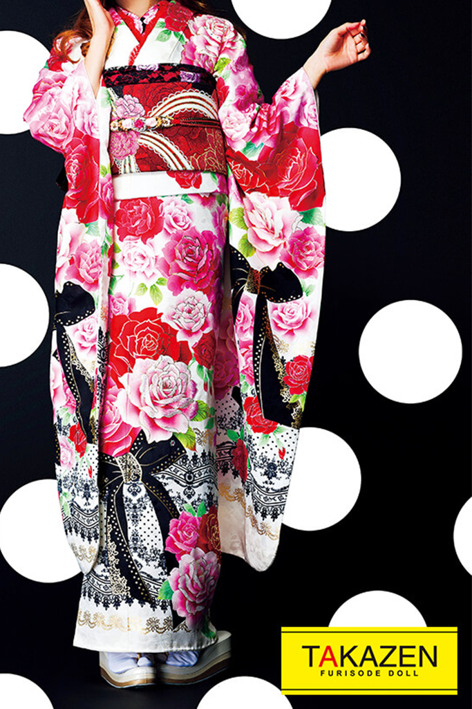 ヘップバーン　ピンク/白/黒　エレガントなバラ柄/リボン柄　かわいい地雷系振袖ネットレンタル　#F0108