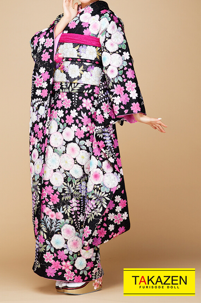 正統派古典　黒/ピンク/白　　辻が花柄/唐絞り　上品　かわいらしい振袖ネットレンタル　おしとやか　#F0048
