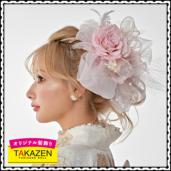 バラ髪飾り　ピンク/パステルカラー　パール　チュール付き　エレガント　かわいい　プリンセス