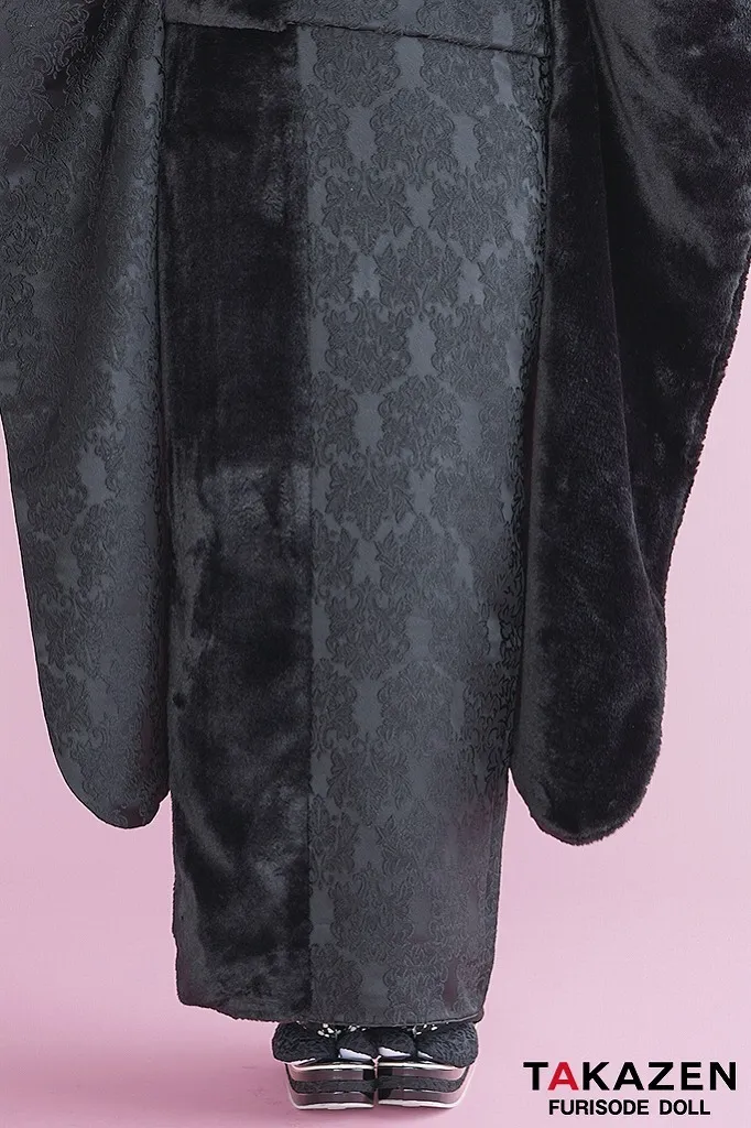 ヘップバーンシュシュ　黒　ファー/ジャガード生地　リボン・キラキラパーツ付き　ふわふわ振袖　人とかぶらない　かわいい　セレブ振袖ネットレンタル　伊藤桃々　26014