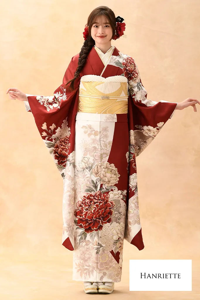 正統派古典　白赤　牡丹柄　人気　王道　清楚　かわいい　振袖ネットレンタル　K1206