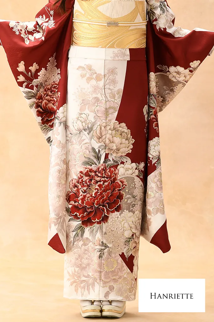 正統派古典　白赤　牡丹柄　人気　王道　清楚　かわいい　振袖ネットレンタル　K1206